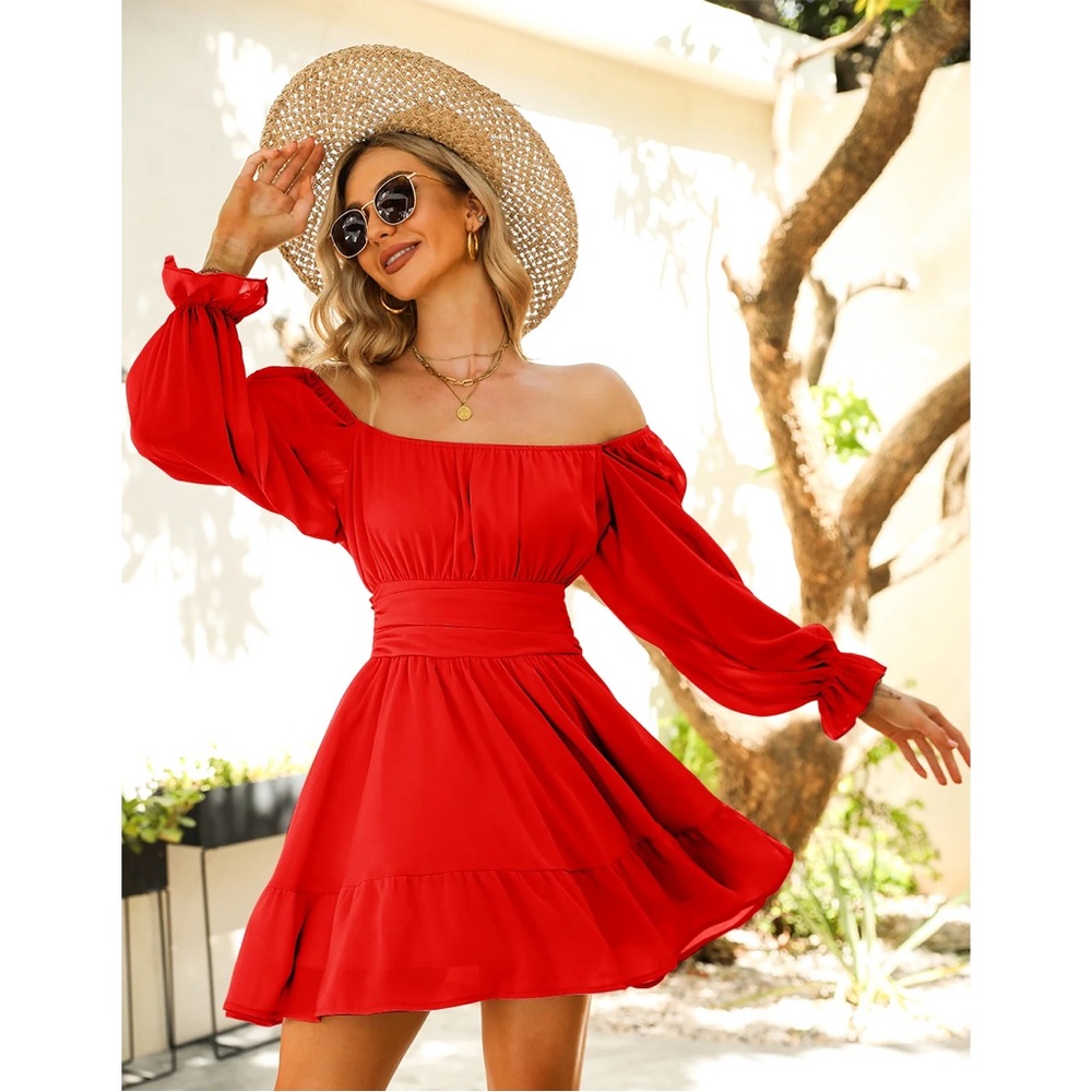 Exlura Tie Back Long Sleeve Square Neck Red Dress